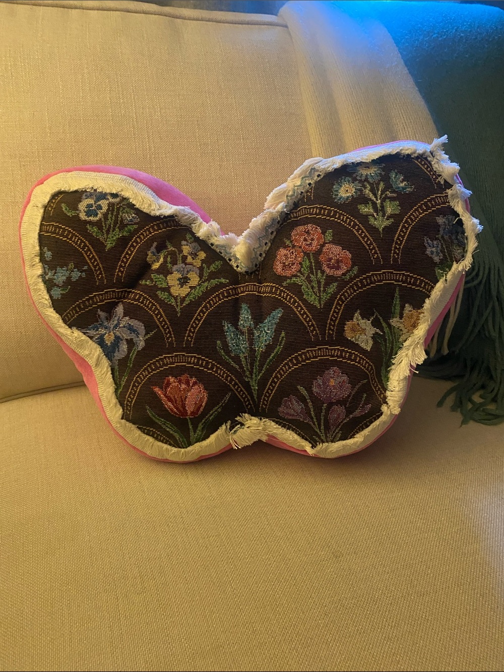 Handcrafted Looking Floral Butterfly Accent Pillow in Brown and Pink